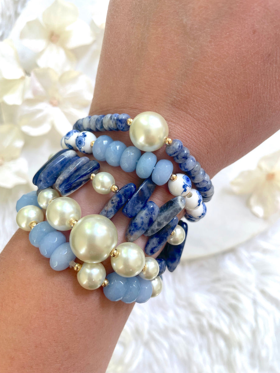 Stretch Bracelets, stack bracelets, Cultured 2024 Pearls, Aqua Blue Chalcedony, and smooth Amazonite.