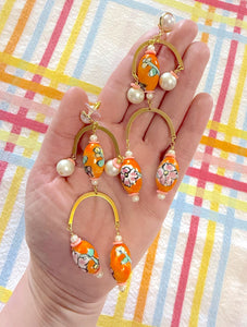 D101 - Orange Painted Flower Beaded Chandelier Earrings